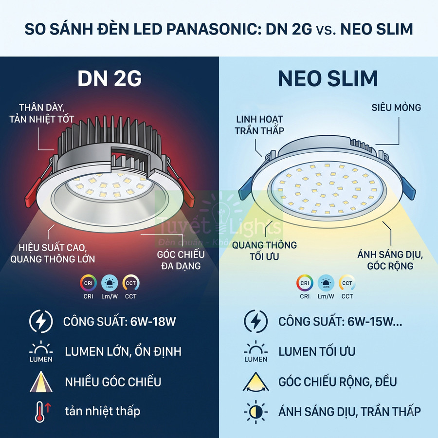 So sánh đèn LED âm trần Panasonic DN 2G thân dày và NEO SLIM siêu mỏng, quang thông và góc chiếu khác nhau