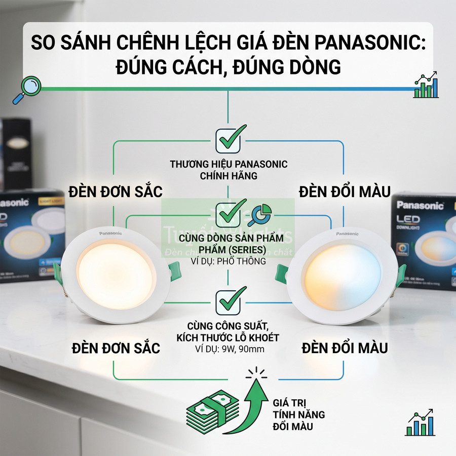 Đèn LED âm trần Panasonic đơn sắc và đổi màu đặt cạnh hộp sản phẩm, so sánh chênh lệch giá và tính năng