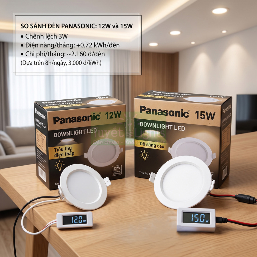 Đèn downlight LED Panasonic 12W và 15W kèm hộp sản phẩm đặt trên bàn gỗ trong phòng khách