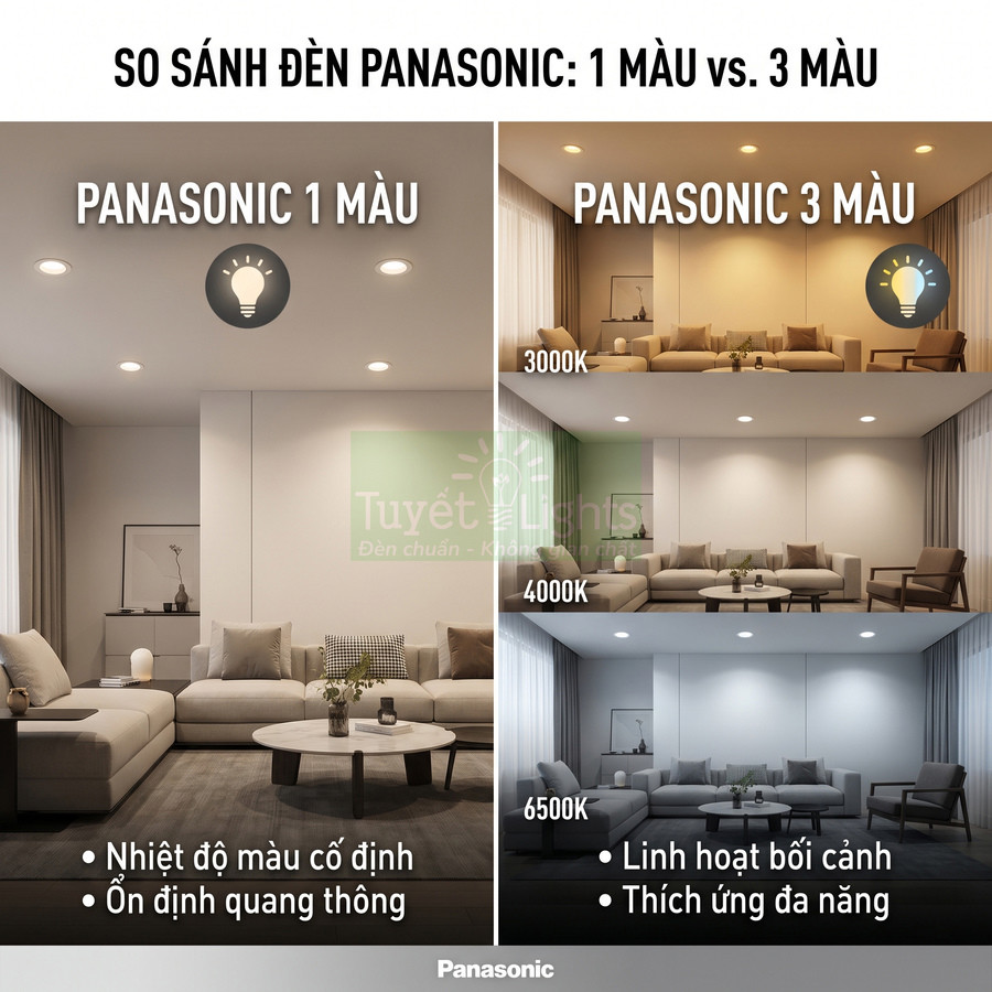So sánh đèn âm trần Panasonic 1 màu và 3 màu 3000K 4000K 6500K trong phòng khách hiện đại