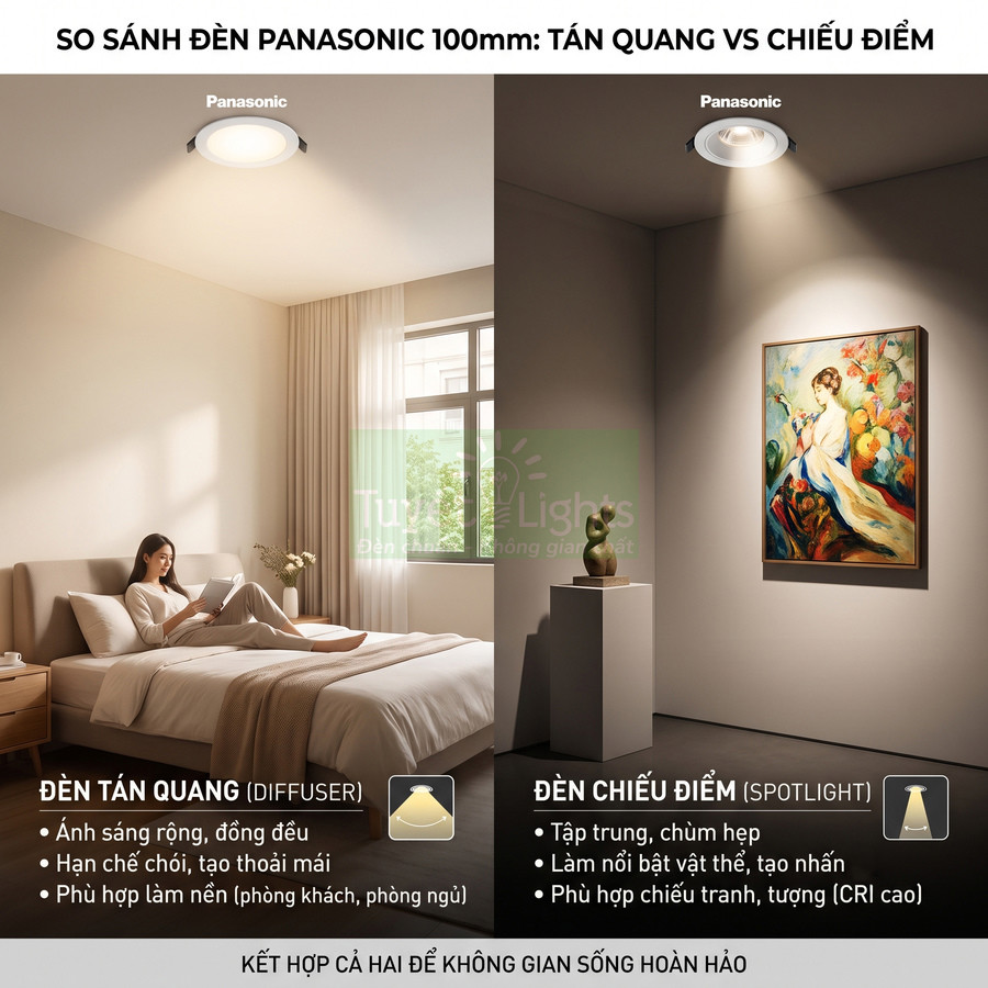 So sánh đèn âm trần Panasonic 100mm tán quang và chiếu điểm trong phòng ngủ và phòng trưng bày tranh