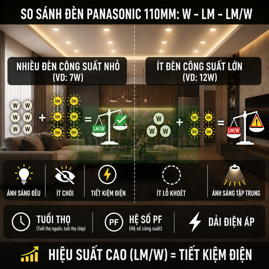 So sánh đèn âm trần Panasonic 110mm nhiều bóng 7W và ít bóng 12W về hiệu suất sáng và tiết kiệm điện
