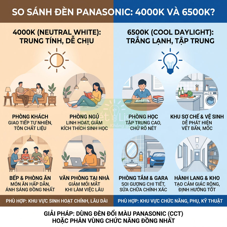 So sánh đèn Panasonic 4000K và 6500K cho phòng khách, phòng ngủ, bếp, học tập và khu chức năng