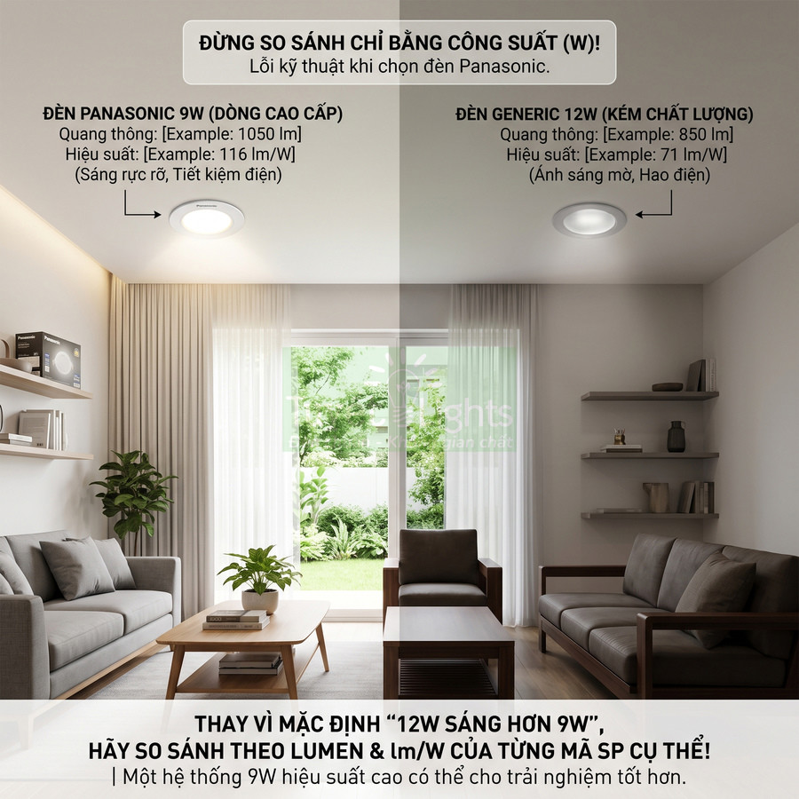 So sánh đèn LED âm trần Panasonic 9W sáng rõ với đèn generic 12W ánh sáng mờ trong phòng khách hiện đại