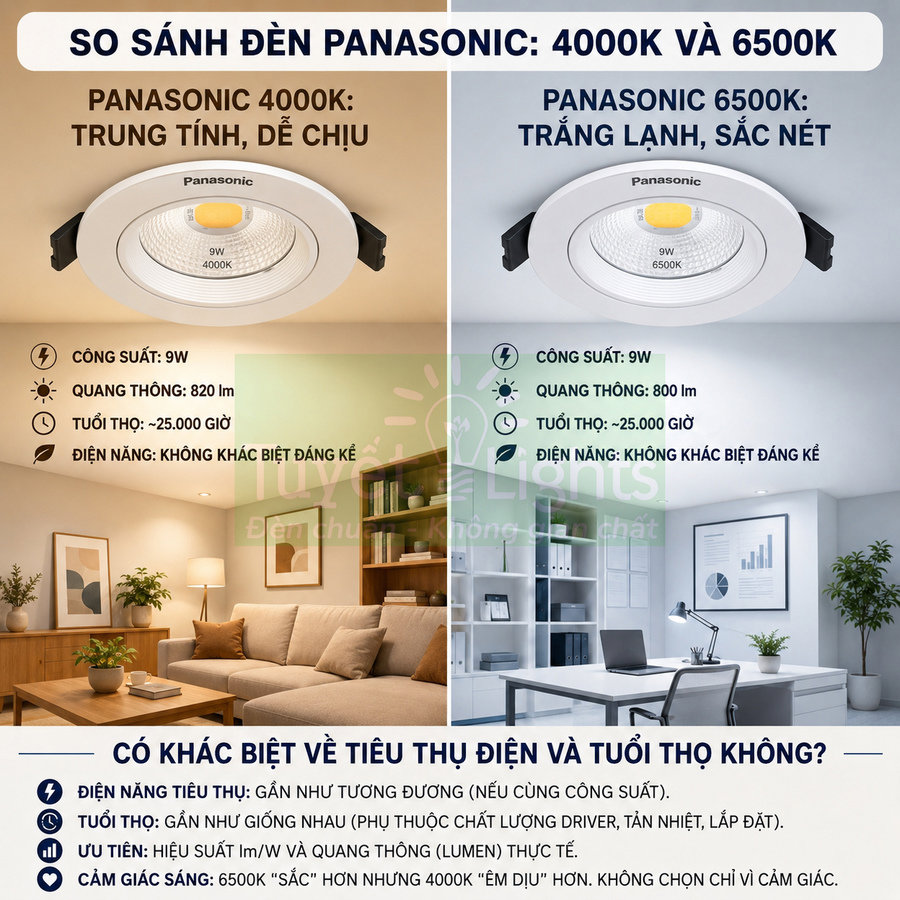 So sánh đèn âm trần Panasonic 4000K và 6500K 9W cho phòng khách và phòng làm việc