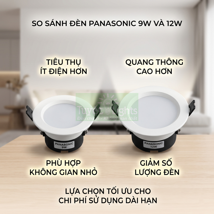 So sánh đèn âm trần Panasonic 9W và 12W đặt trên bàn trong không gian phòng khách