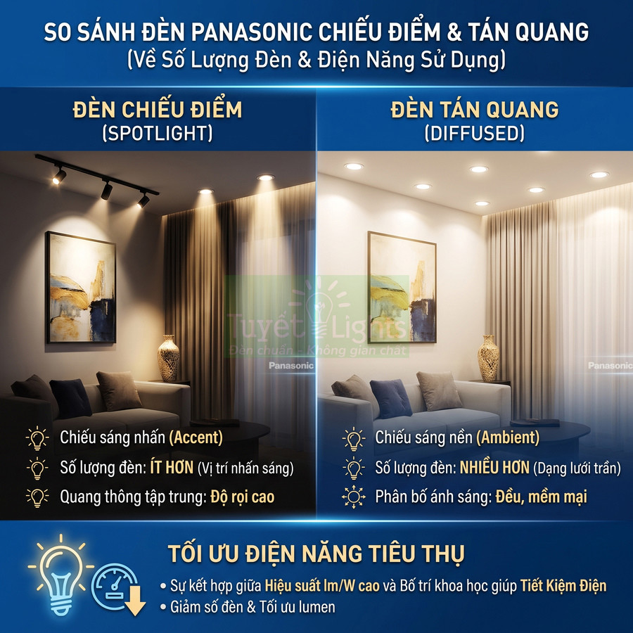 So sánh đèn Panasonic chiếu điểm spotlight và đèn tán quang diffused trong phòng khách hiện đại