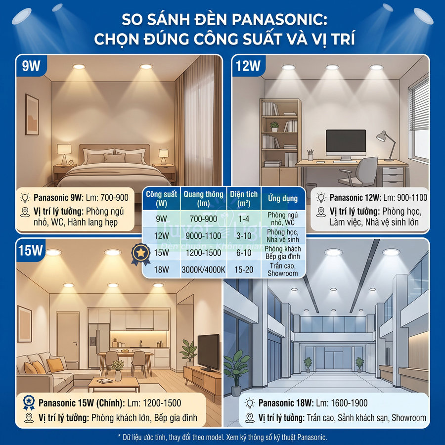 Infographic so sánh công suất và vị trí lắp đặt đèn LED Panasonic 9W 12W 15W 18W