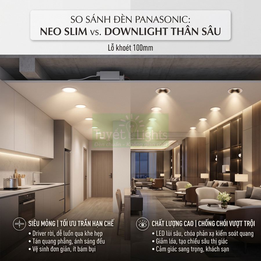 So sánh đèn âm trần Panasonic Neo Slim và downlight thân sâu trong không gian phòng khách hiện đại