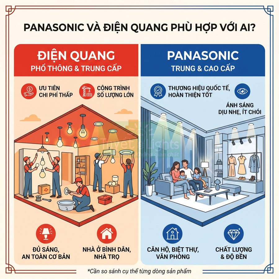 So sánh đèn chiếu sáng Điện Quang và Panasonic cho nhà ở, căn hộ, văn phòng và cửa hàng thời trang