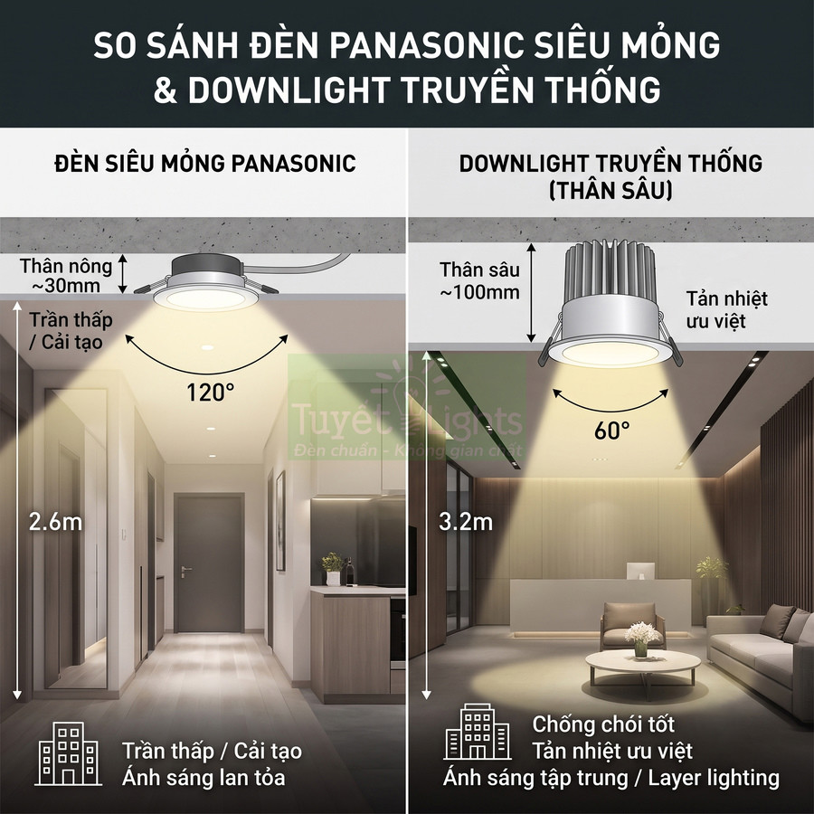 So sánh đèn downlight siêu mỏng Panasonic và đèn downlight truyền thống trong không gian phòng khách hiện đại