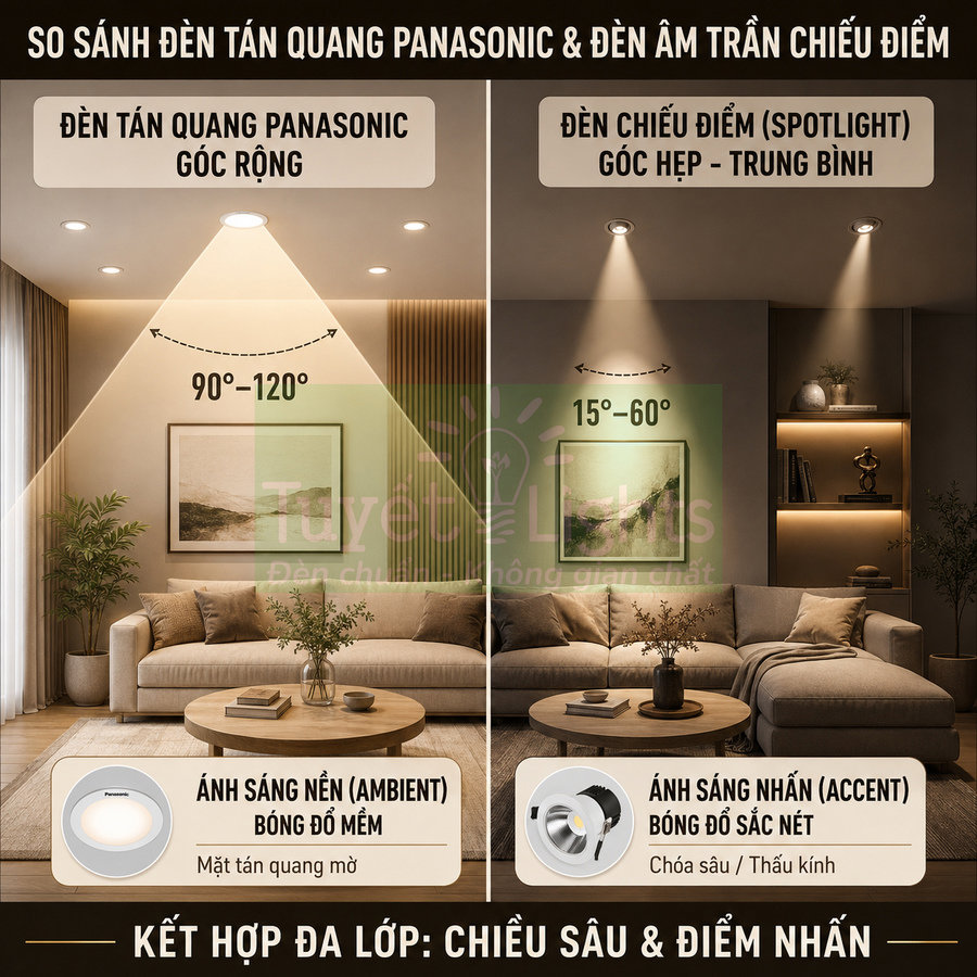 So sánh đèn tán quang Panasonic góc rộng và đèn âm trần chiếu điểm trong phòng khách hiện đại