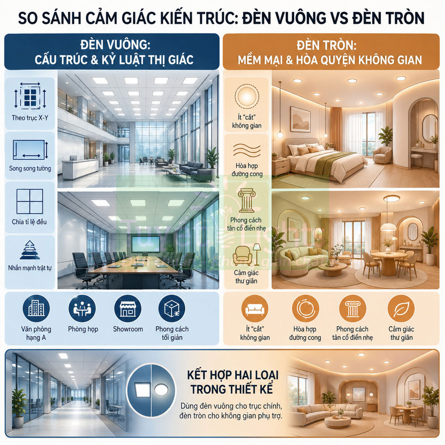 So sánh thiết kế nội thất dùng đèn vuông cho văn phòng và đèn tròn cho phòng ngủ, phòng khách thư giãn