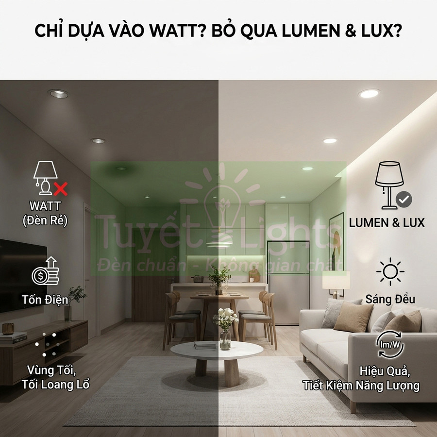So sánh phòng khách dùng đèn rẻ theo watt và đèn Tuyết Light theo lumen lux sáng đều tiết kiệm điện