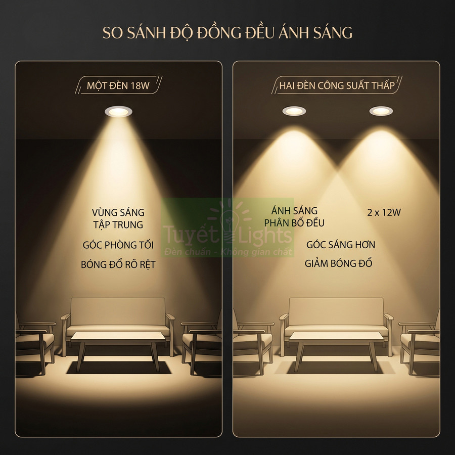 So sánh ánh sáng đèn âm trần Tuyết Lights một đèn 18W và hai đèn 12W chiếu phòng khách