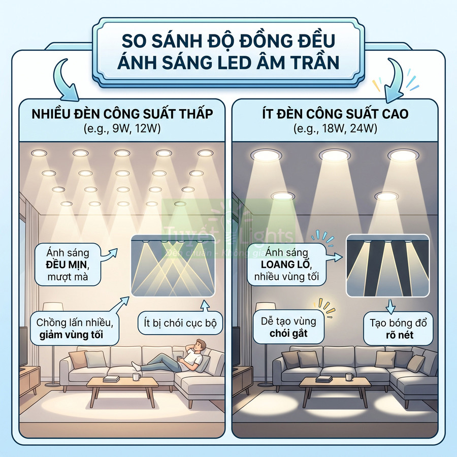 So sánh ánh sáng đèn LED âm trần công suất thấp nhiều đèn và công suất cao ít đèn trong phòng khách
