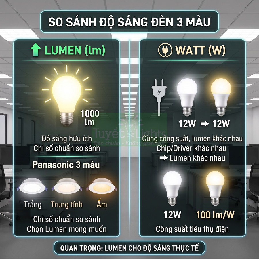 So sánh độ sáng đèn LED Panasonic 3 màu theo lumen và watt trong văn phòng hiện đại