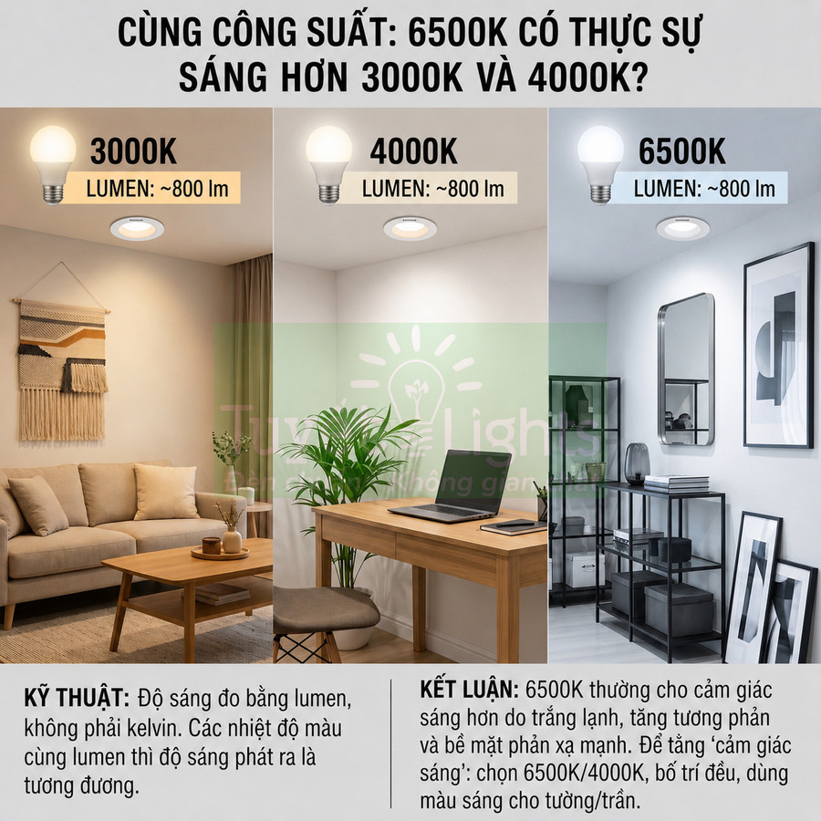 So sánh ánh sáng đèn LED 3000K 4000K 6500K cùng 800 lumen trong các không gian phòng khác nhau