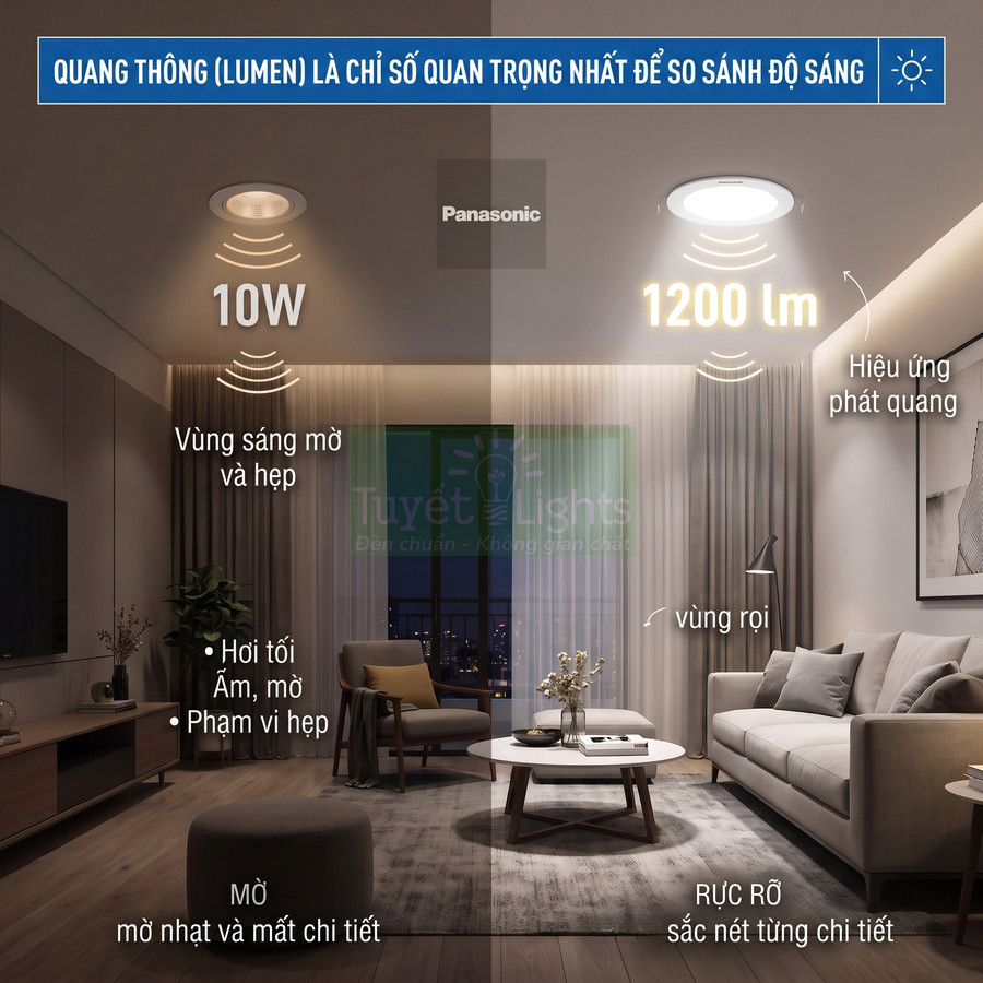 So sánh độ sáng đèn âm trần Panasonic 10W và 1200 lumen trong phòng khách hiện đại