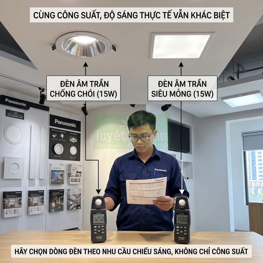 So sánh độ sáng đèn âm trần Panasonic 15W chống chói và siêu mỏng với đồng hồ đo ánh sáng