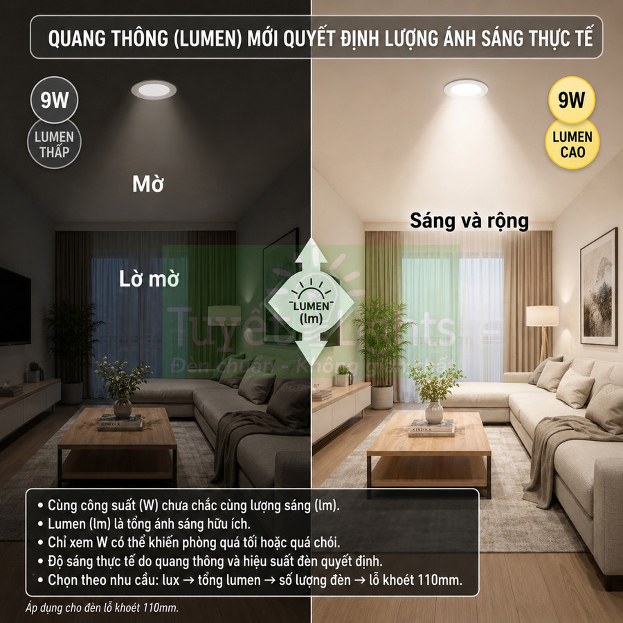 So sánh đèn âm trần 9W lumen thấp và lumen cao trong phòng khách, minh họa độ sáng mờ và sáng rộng