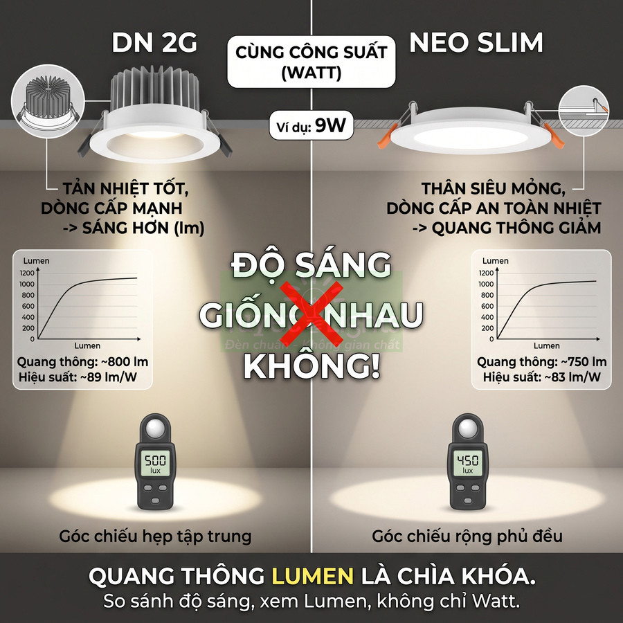 So sánh đèn âm trần DN 2G và Neo Slim cùng công suất 9W với độ sáng và quang thông khác nhau