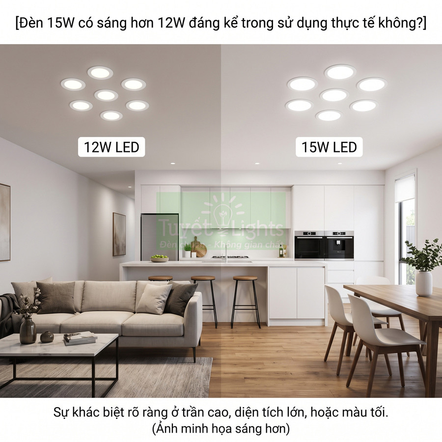 So sánh độ sáng đèn âm trần LED 12W và 15W trong phòng khách liền bếp hiện đại