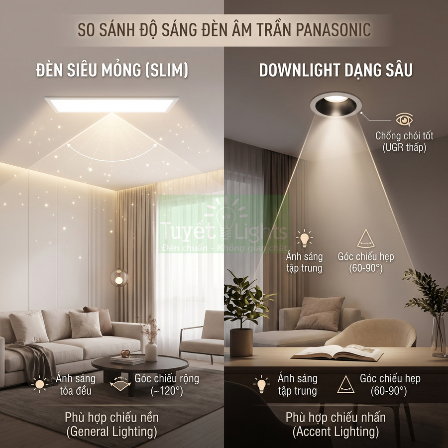So sánh độ sáng đèn âm trần Panasonic siêu mỏng và downlight dạng sâu trong phòng khách hiện đại