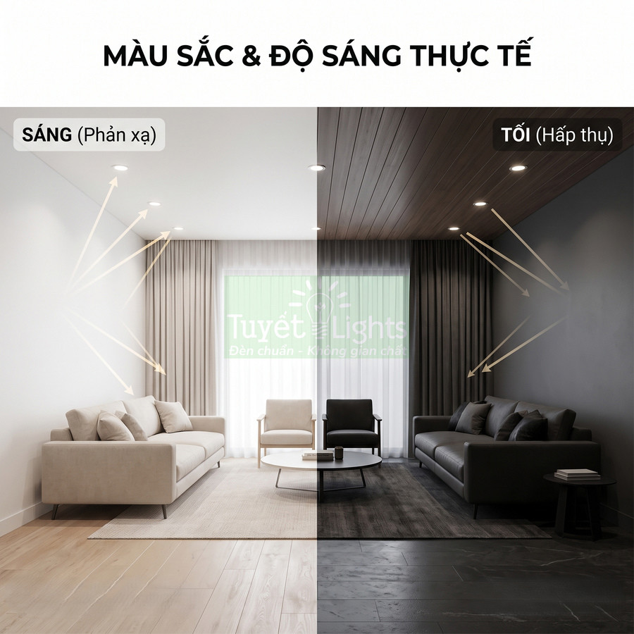 Phòng khách so sánh ánh sáng đèn Tuyết Lights với tường sáng phản xạ và tường tối hấp thụ ánh sáng