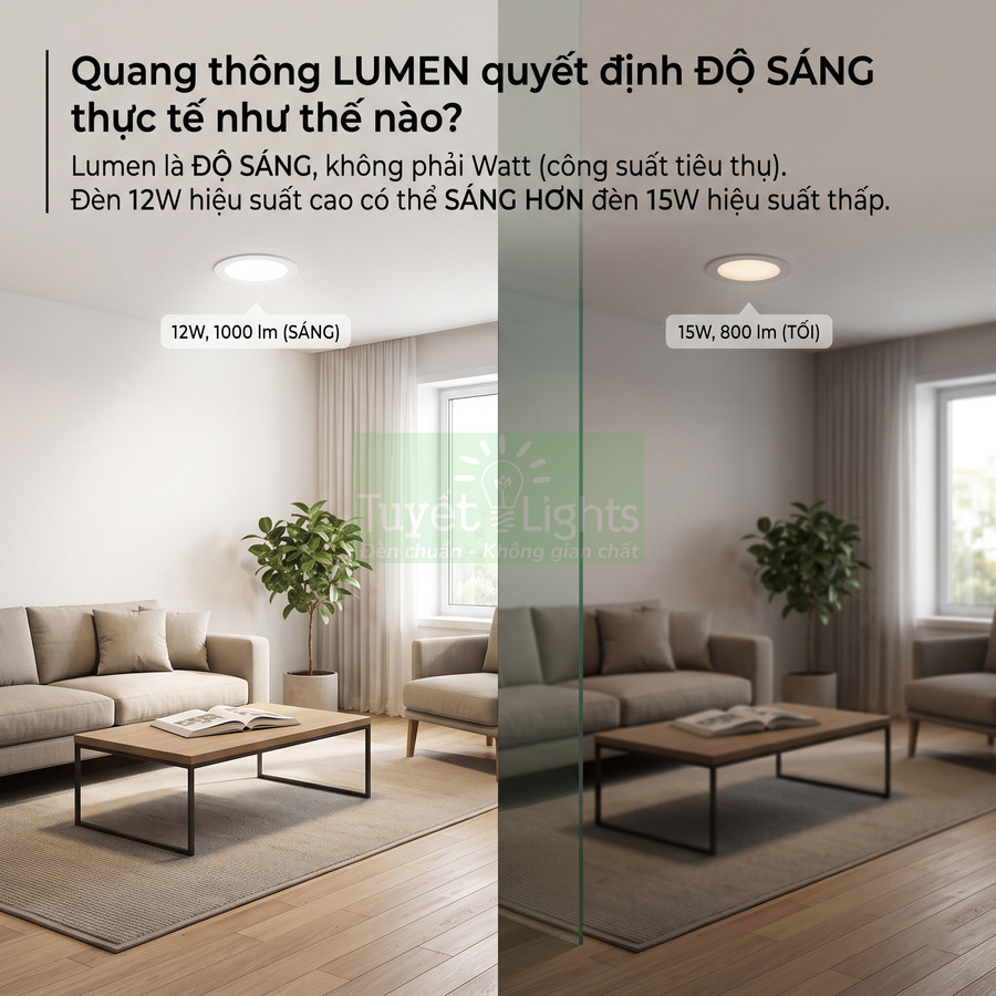 So sánh độ sáng đèn âm trần Tuyết Lights 12W 1000lm và 15W 800lm trong phòng khách hiện đại