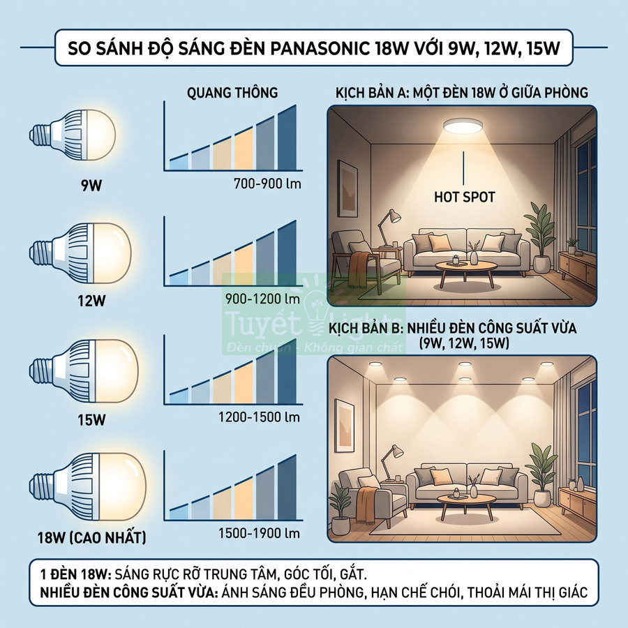 So sánh độ sáng đèn LED Panasonic 18W với các mức 9W 12W 15W và hai cách bố trí chiếu sáng phòng khách