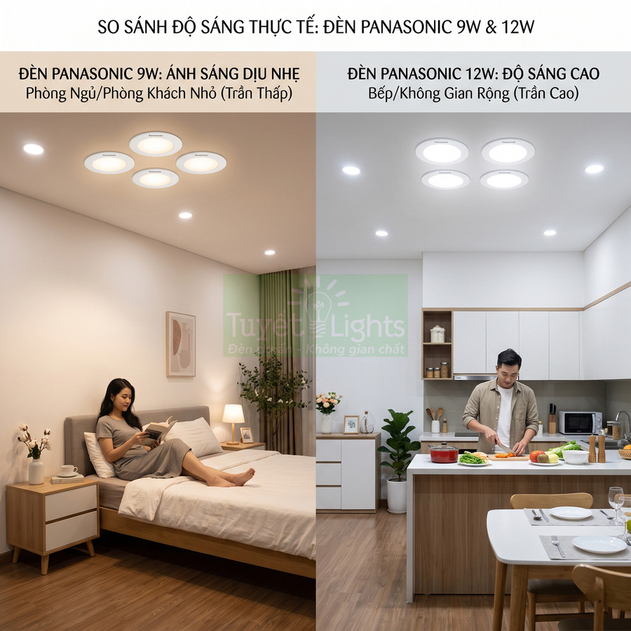 So sánh ánh sáng đèn LED Panasonic 9W phòng ngủ và đèn Panasonic 12W cho bếp không gian rộng