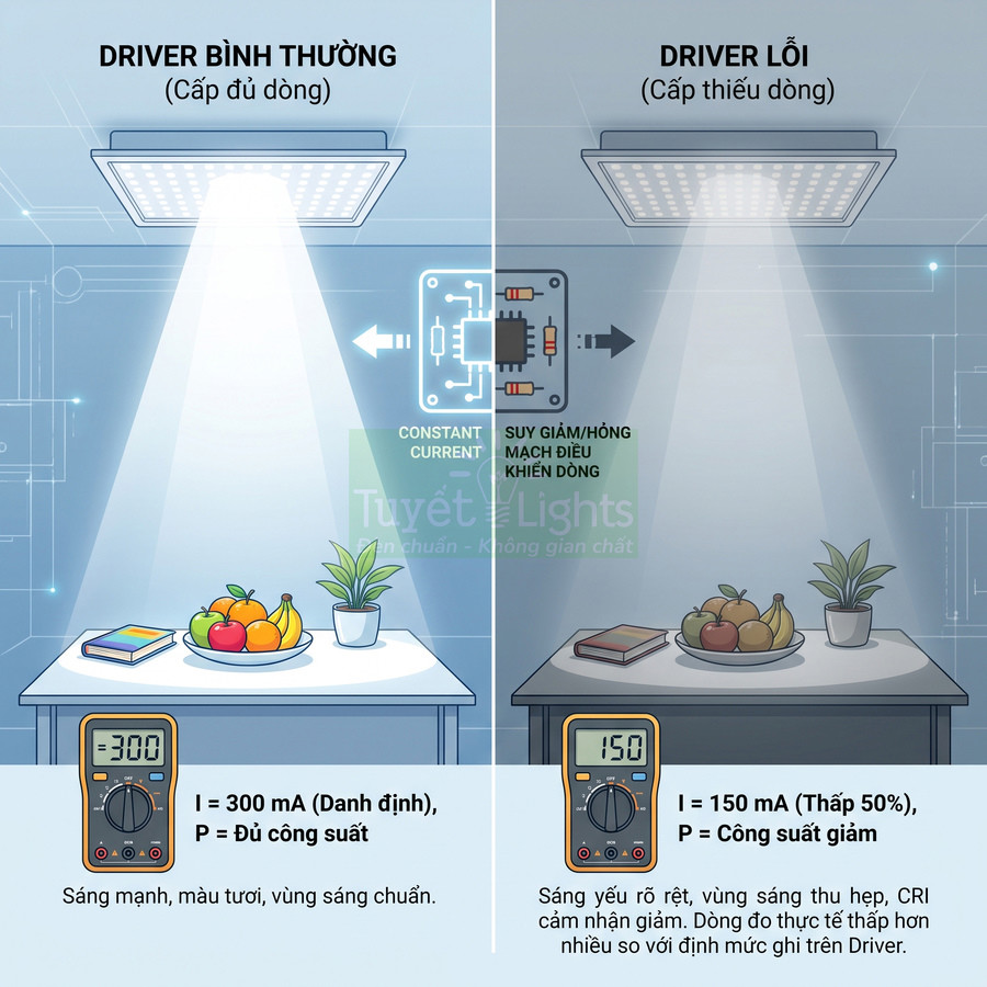 So sánh đèn LED âm trần dùng driver bình thường và driver lỗi với độ sáng và công suất khác nhau