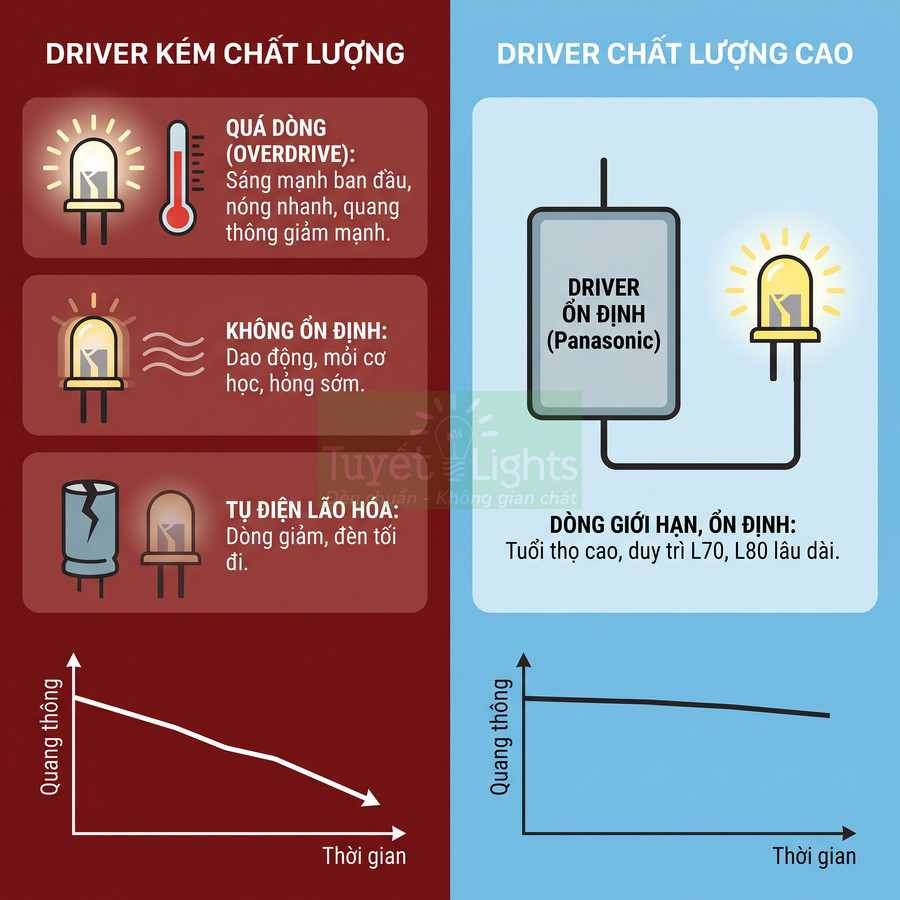 So sánh driver đèn LED kém chất lượng và driver ổn định Panasonic về độ sáng và tuổi thọ