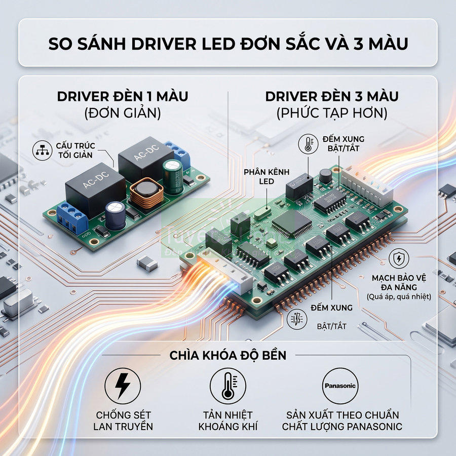 So sánh driver đèn LED đơn sắc và 3 màu, bảng mạch điều khiển LED cao cấp chuẩn Panasonic