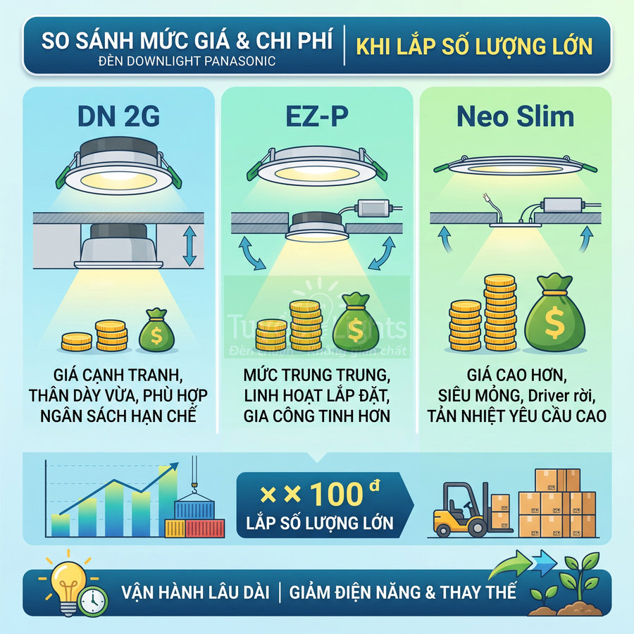So sánh giá và chi phí ba mẫu đèn downlight Panasonic DN 2G, EZ P và Neo Slim khi lắp số lượng lớn