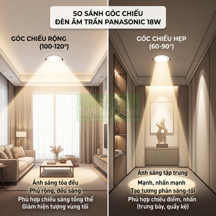 So sánh góc chiếu rộng và hẹp của đèn âm trần Panasonic 18W trong phòng khách và khu trưng bày