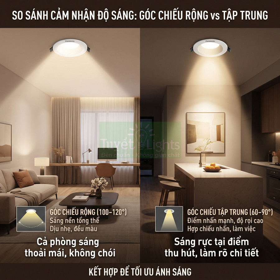 Đèn âm trần Panasonic so sánh góc chiếu rộng và tập trung trong phòng khách và bếp hiện đại