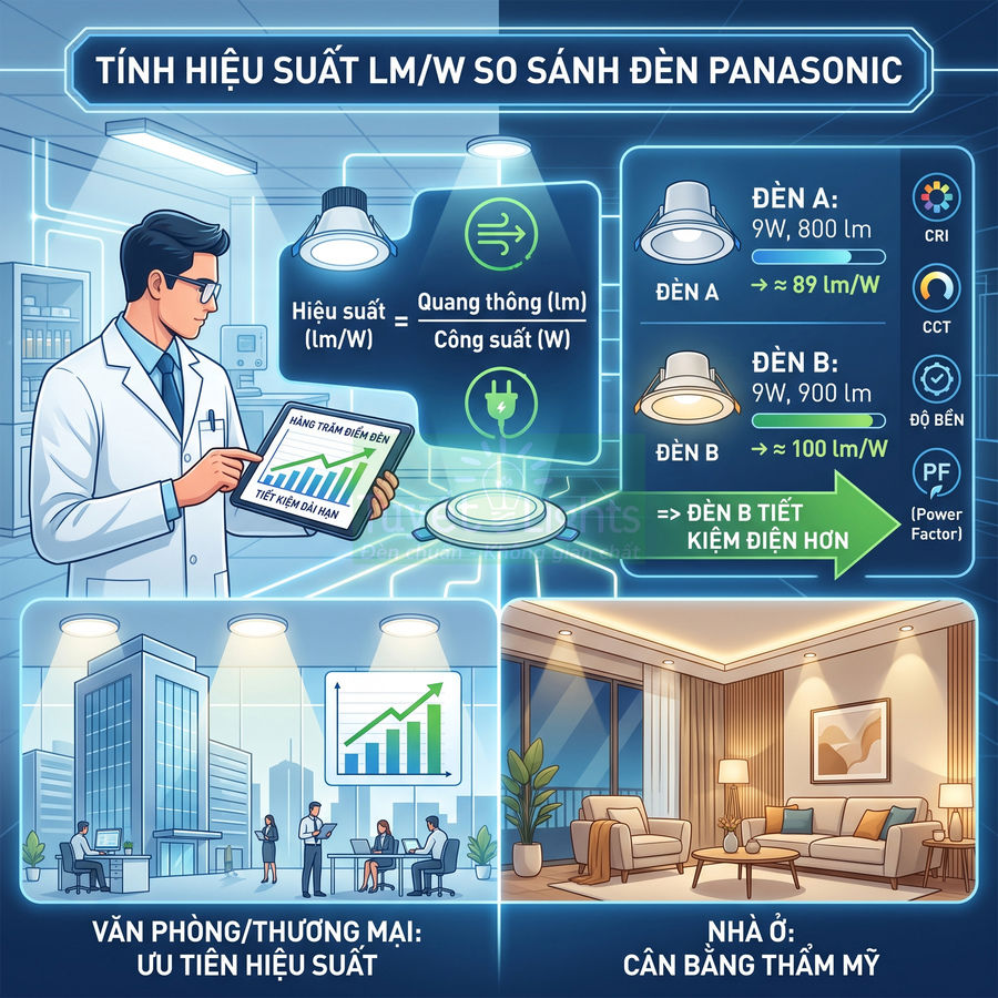So sánh hiệu suất và tiết kiệm điện của đèn LED Panasonic cho văn phòng và nhà ở