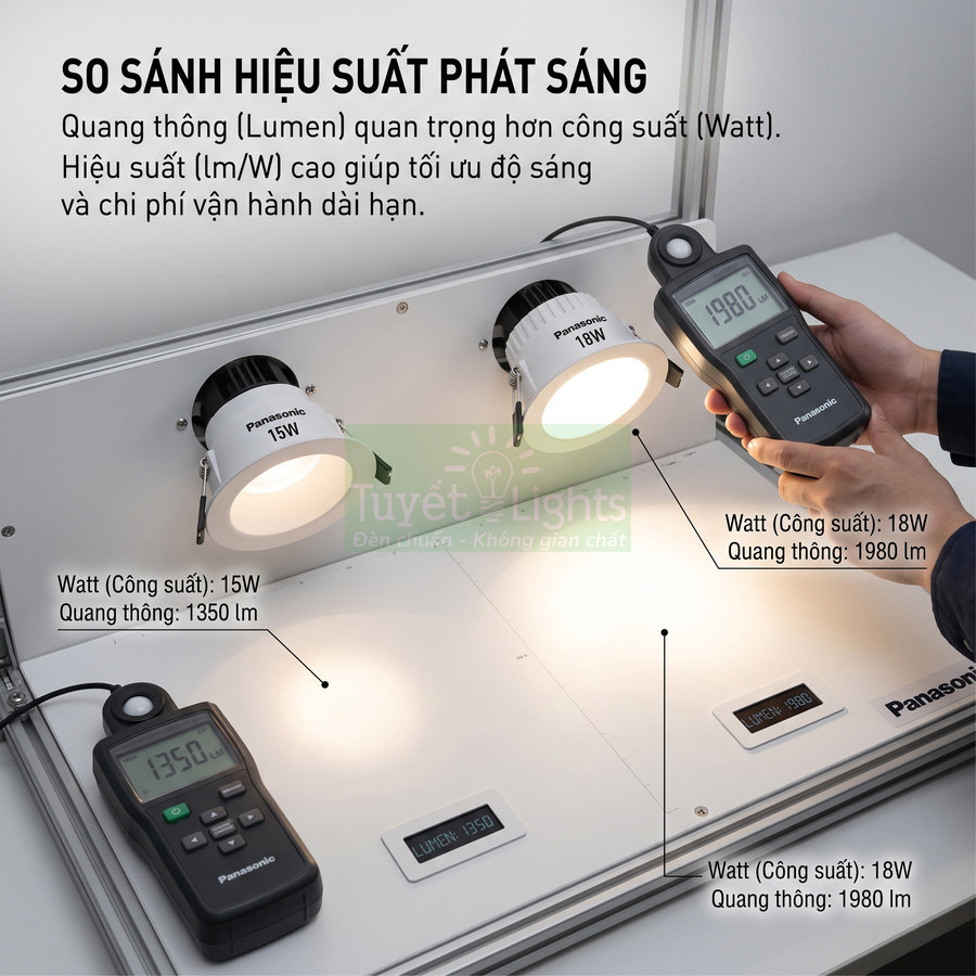 So sánh độ sáng đèn LED âm trần Panasonic 15W và 18W bằng máy đo quang thông Lumens