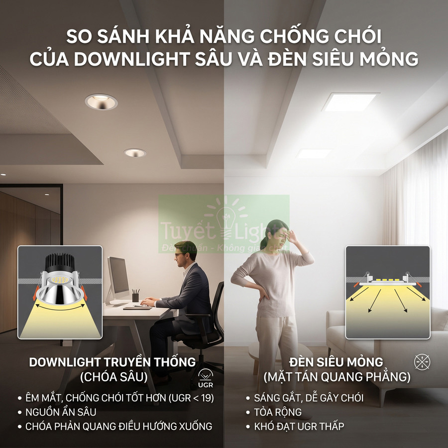 So sánh khả năng chống chói giữa đèn downlight sâu truyền thống và đèn siêu mỏng trong phòng làm việc