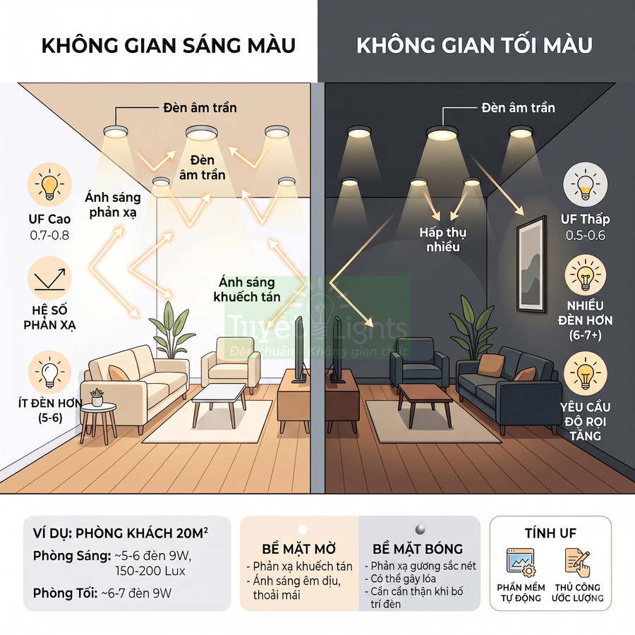 So sánh bố trí đèn âm trần cho phòng khách sáng màu và tối màu, minh họa số lượng đèn và hiệu quả chiếu sáng