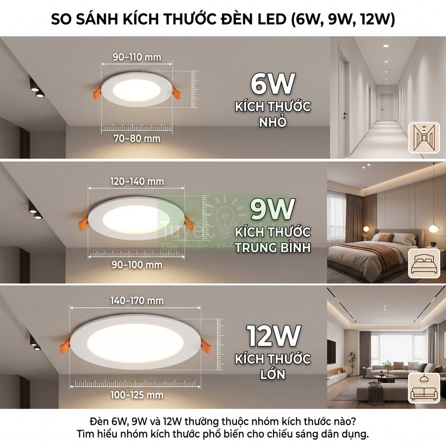 So sánh kích thước đèn LED âm trần 6W, 9W, 12W với đường kính và ứng dụng chiếu sáng phòng ngủ, phòng khách