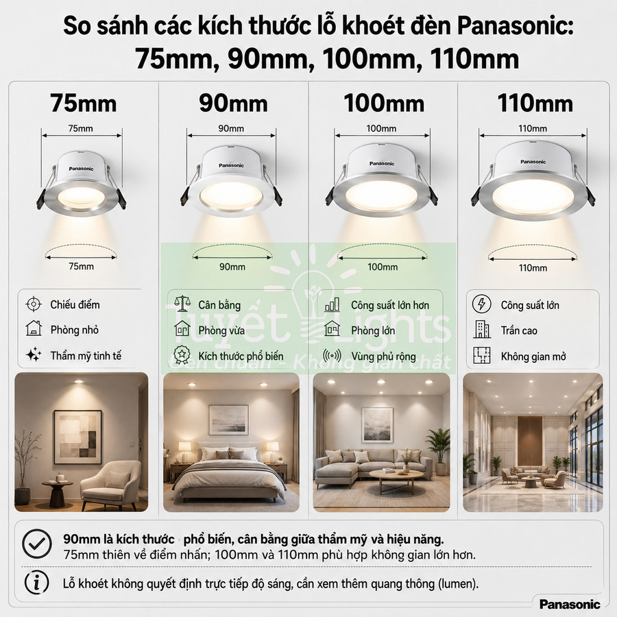 So sánh kích thước lỗ khoét đèn âm trần Panasonic 75mm 90mm 100mm 110mm và gợi ý không gian lắp đặt