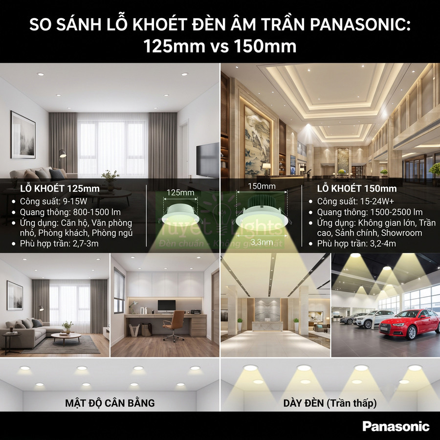 So sánh đèn âm trần Panasonic lỗ khoét 125mm và 150mm cho phòng khách, văn phòng, showroom