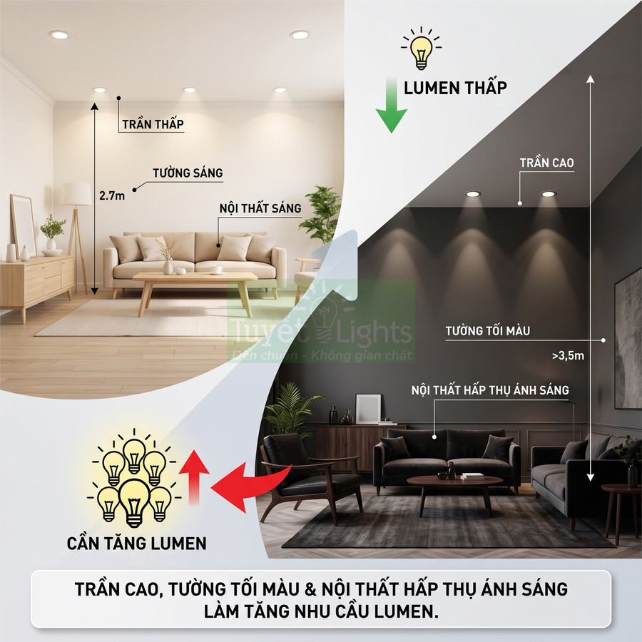 So sánh phòng khách dùng đèn âm trần ở trần thấp sáng màu và trần cao tối màu để minh họa nhu cầu tăng lumen