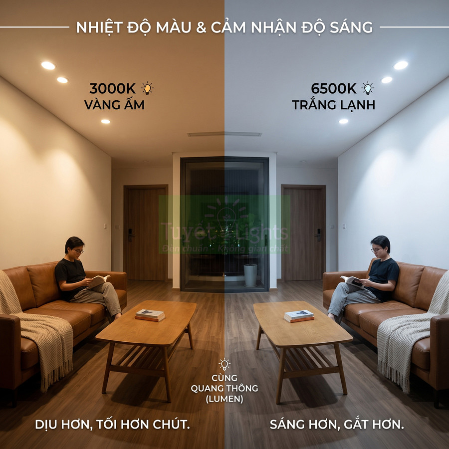 So sánh đèn trần LED 3000K vàng ấm và 6500K trắng lạnh trong phòng khách với cùng quang thông
