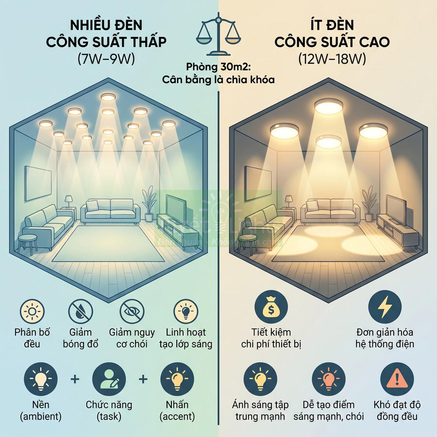 So sánh bố trí nhiều đèn LED công suất thấp và ít đèn công suất cao trong phòng khách 30m2