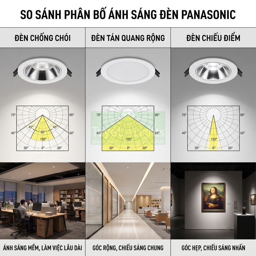 So sánh phân bố ánh sáng ba loại đèn âm trần Panasonic cho văn phòng, hành lang và chiếu tranh nghệ thuật