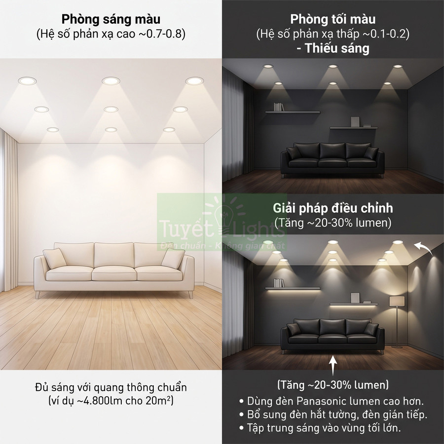 So sánh phòng khách dùng đèn âm trần Panasonic ở tường sáng và tối, minh họa giải pháp tăng độ sáng